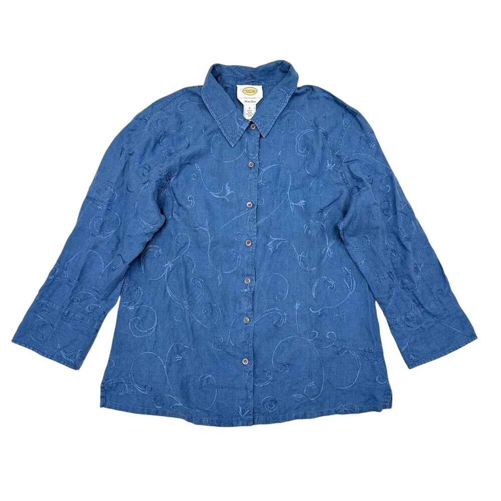 Talbots Linen Top Size Medium‎ Blue Chambray Floral Embroidered Irish Linen Boho